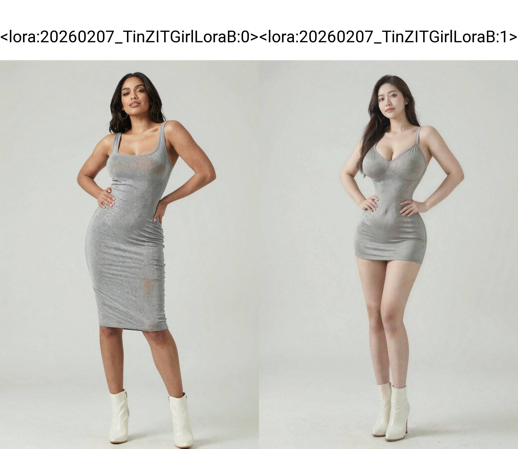 <lora:20260207_TinZITGirlLoraB:0>, The subject of the photograph is a woman wearing a tight-fitting grey dress made of a smooth, shimmering material with metallic embellishments. She bare long legs were paired with a pair of white high-heeled boots, creating a stylish and modern look. Her dark hair is draped over her shoulders, and she exudes confidence with a slight smile. The subject is standing with her hands on her hips and leaning slightly forward, appearing very confident and elegant. The photo is taken from a low angle, with her lower body fully in the frame and her upper body slightly raised, creating a visual contrast. The subject's figure is striking, especially her very large breasts and extremely slender waist. Her breasts are covered by the dress, but their full outline is visible. Her skin appears natural and flawless. The photograph features a soft white background with no other obvious decorations or architecture, resulting in a clean and simple image. The lighting appears soft, with no harsh shadows, which further accentuates the subject's features. The location of the photograph appears to be indoors, but the exact location is uncertain. There are no buildings or furnishings visible; the entire scene conveys a clean and simple feel. The atmosphere of the photograph is modern, stylish, and confident; the poses and postures of the subjects exude confidence and elegance.