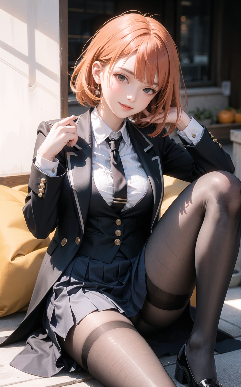 in  autumn, 1girl, *****, tanlines, orange hair, messy hair, flipped hair, ahirusuwari, tailcoat, fishnet  stockings, angled, seductive smile, pantyhose, pleated  skirt,