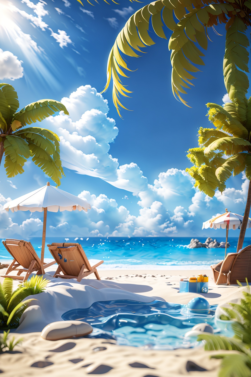 OC rendering,C4D,3D,product photography,still life,outdoors,sky,day,cloud,water,tree,blue sky,no humans,ocean,umbrella,beach,sand,palm tree,beach umbrella,