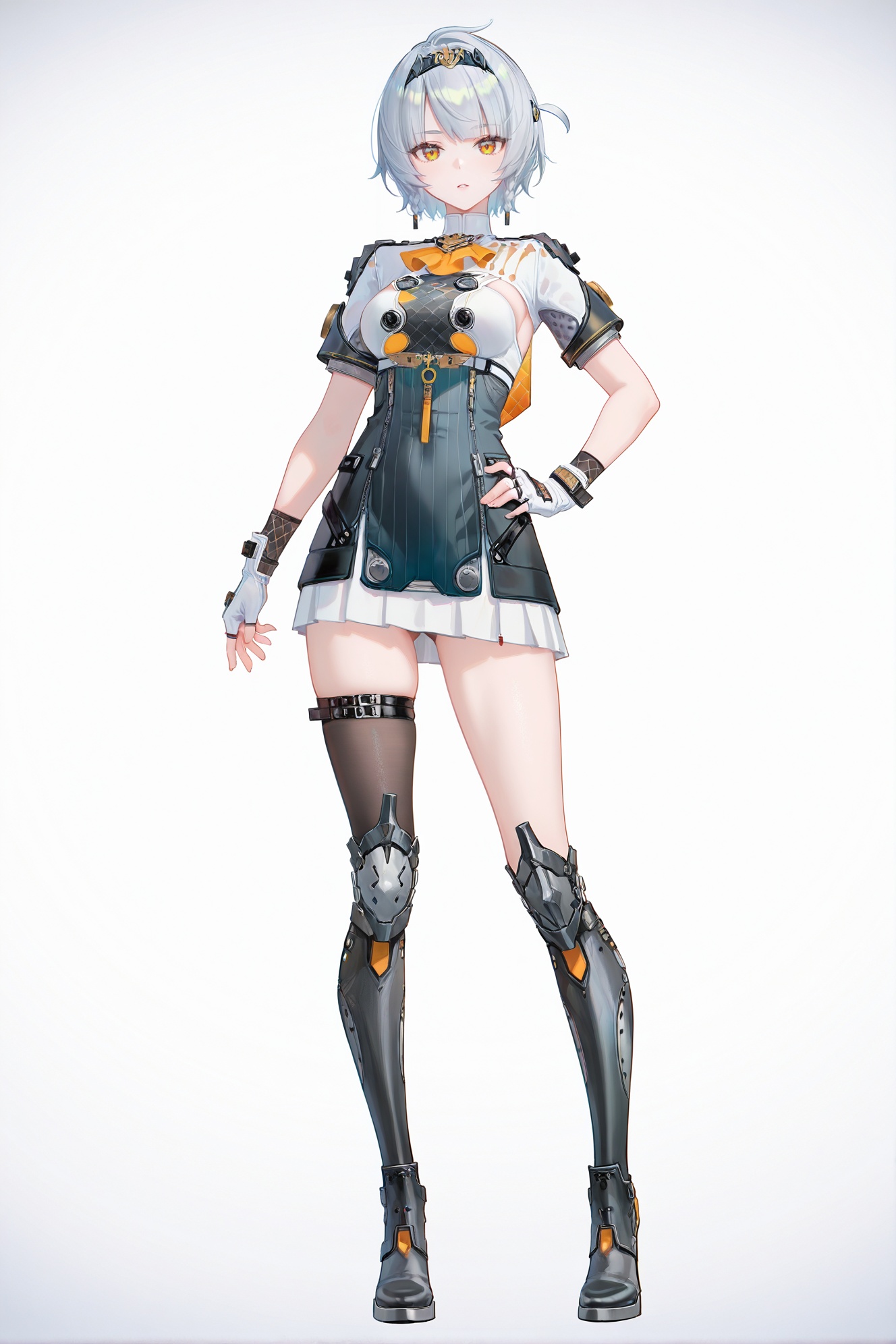 8k,best quality,masterpiece,(ultra-detailed),(high detailed skin),((artist:reoen),(artist:fuzichoco),(artist:atdan),(artist:torino_aqua),year 2024:0.8)1girl,[artist:wlop],[artist:ningen_mame],artist:ciloranko,[[artist:rhasta]],artist:tidsean,colorful,full body,full shot,standing,looking at viewer,(solo:1.2),simple background,(white background:1.2),hand on own hip,(white background:1.1),<lora:anbinew-ill-Tanger-000013:0.9>,anby demara \(silver soldier\),clothes: silver soldier black and white short dress,silver soldier clothes,1girl,black knee boots,fingerless gloves,hairband,