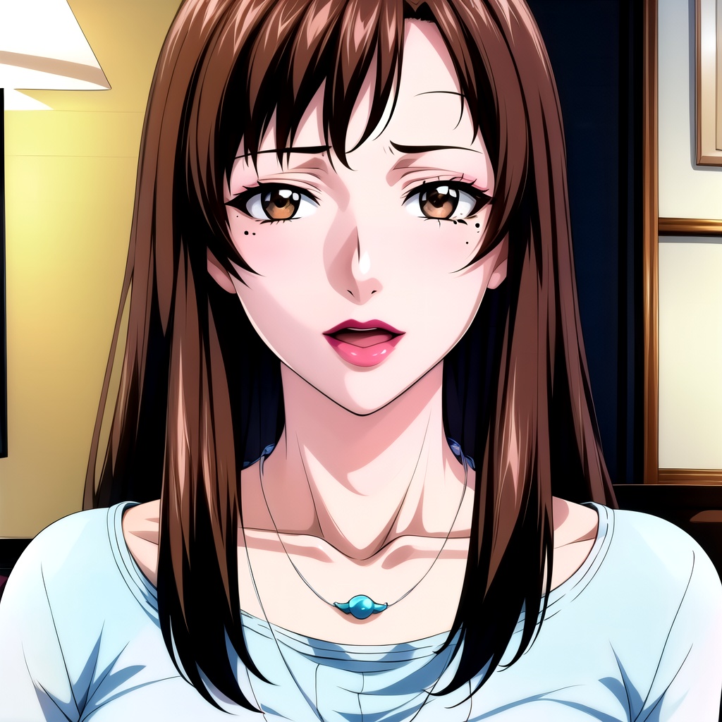 yuntianhe, 1girl, solo, brown hair, jewelry, mole under eye, long hair, necklace, mole, open mouth, brown eyes, lipstick, indoors, makeup, collarbone, upper body,nice hands, perfect balance, (looking at viewer:1.5), closed mouth, (Light_Smile:0.3), official art, extremely detailed CG unity 8k wallpaper, perfect lighting, Colorful, Bright_Front_face_Lighting, White skin, (masterpiece:1), (best_quality:1), ultra high res, 4K, ultra-detailed, photography, 8K, HDR, highres, absurdres:1.2, Kodak portra 400, film grain, blurry background, bokeh:1.2, lens flare, (vibrant_color:1.2), professional photograph, (narrow_waist), dark studio