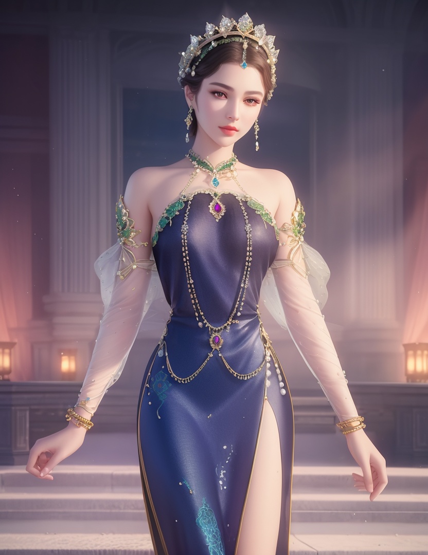 ultra realistic 8k cg, picture-perfect face, flawless, clean, masterpiece, professional artwork, famous artwork, cinematic lighting, cinematic bloom, perfect face, beautiful face, fantasy, dreamlike, unreal, science fiction,  beautiful clothes, lace, lace trim, lace-trimmed legwear,  (rich:1.4), prestige, luxury, jewelry, diamond, gold, pearl, gem, sapphire, ruby, emerald, intricate detail, delicate pattern, charming, alluring, seductive, erotic, enchanting, hair ornament, necklace, earrings, bracelet, armlet,halo((,1girl, pov,))(((,  1girl,  solo,looking at viewer, ))),(((1girl, solo, dress, jewelry)))<lora:DA_WhiteSnakeGreenSnake:0.7>