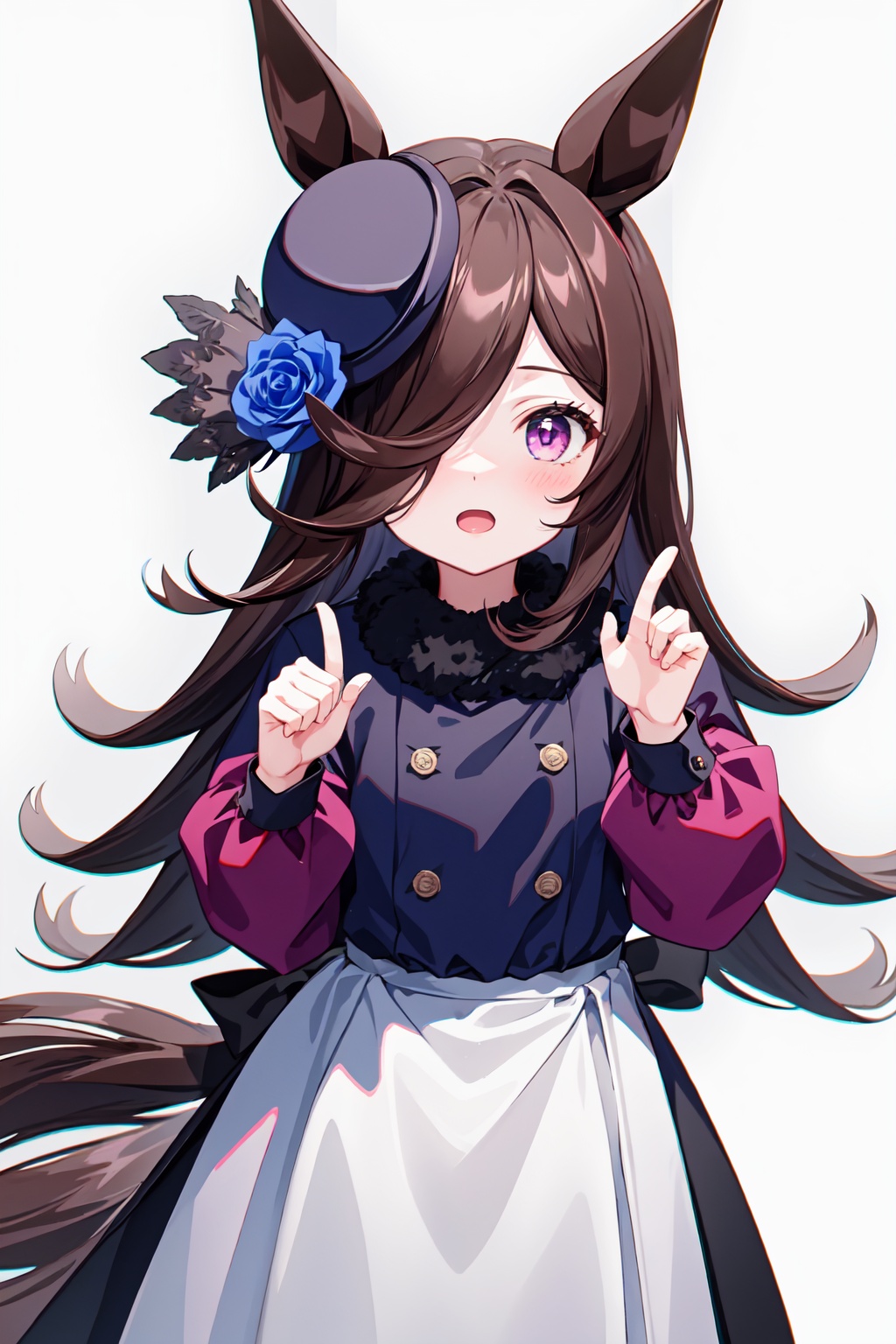 rice_shower_(umamusume),horse_girl,1girl,solo,hair_over_one_eye,horse_tail,open_mouth,blush,looking_at_viewer,blue_rose,hat_flower,tilted_headwear<lora:rice_shower_(umamusume):1>,simple background,white backgroundmasterpiece,best quality, highly detailed, 