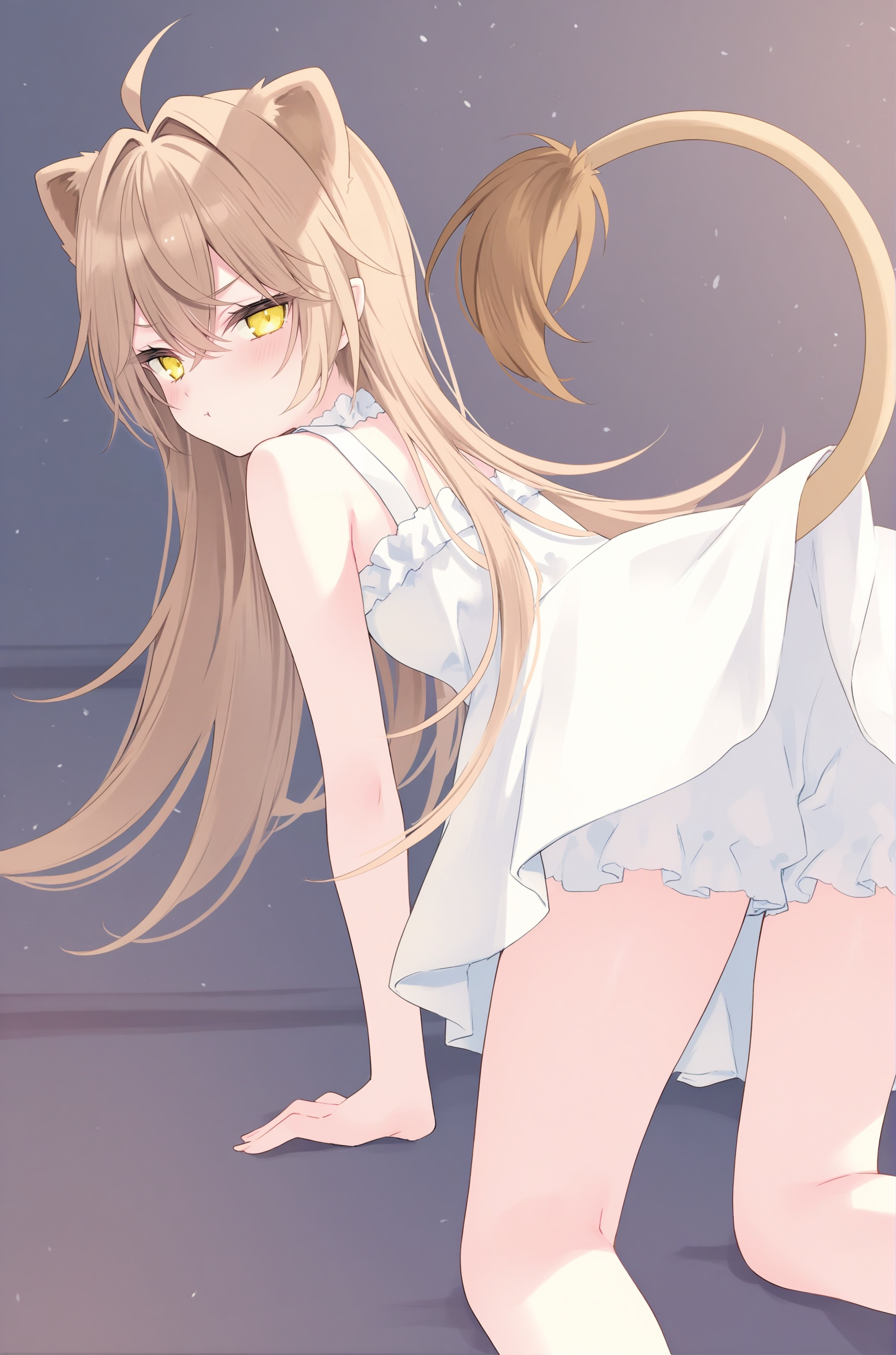 rurudo,1girl,lion tail,virtual youtuber,long hair,solo,tail,lion ears,animal ears,looking at viewer,lion girl,underwear,ahoge,bloomers,yellow eyes,brown hair,looking back,white dress,dress,from behind,bangs,hair between eyes,feet out of frame,bare shoulders,ass,all fours,blush,white bloomers,closed mouth,sleeveless,kneepits,frills,very long hair,bare legs,sleeveless dress,frilled dress,pout,