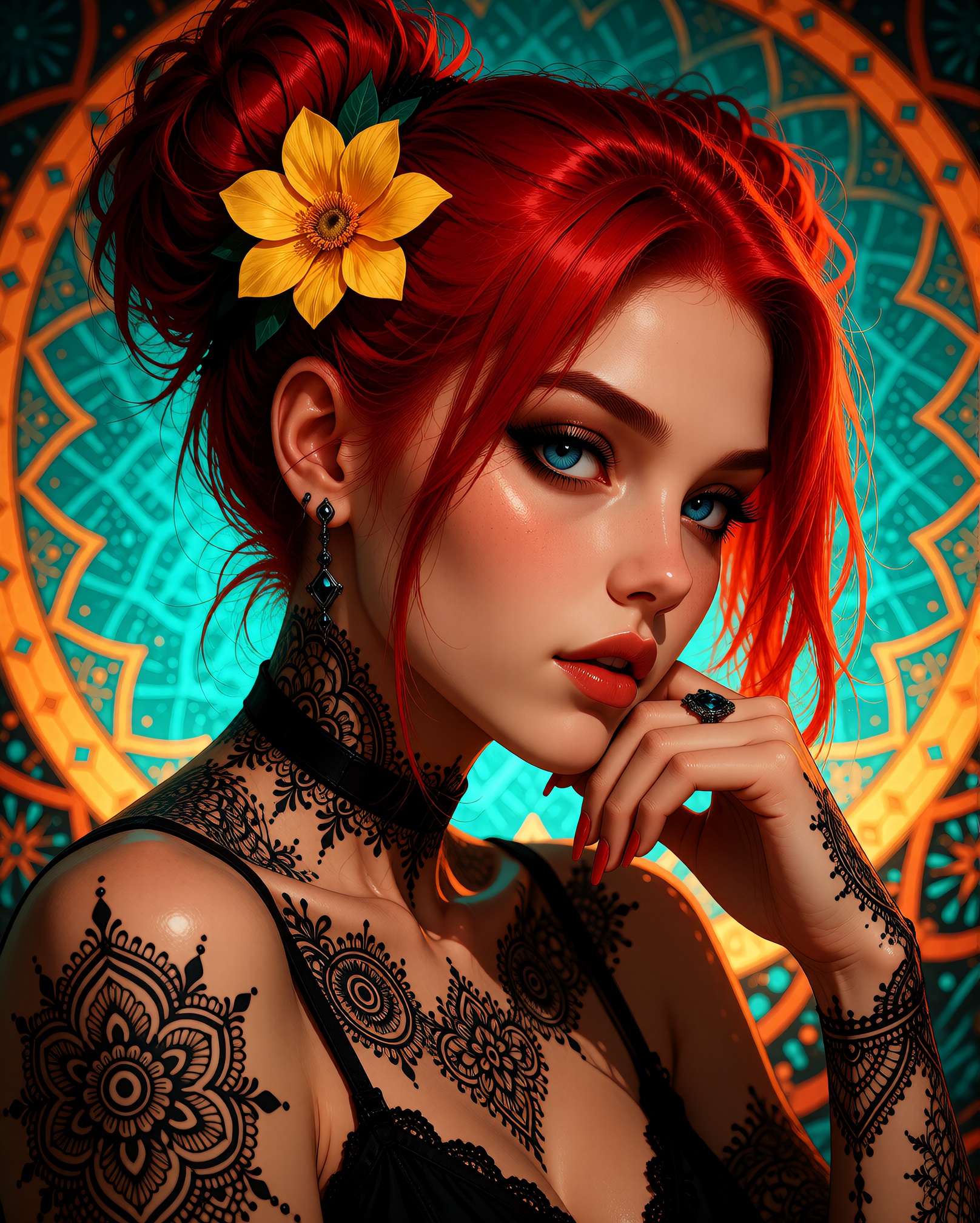 A highly detailed digital illustration of a ***** woman with vibrant red hair styled in two buns,  adorned with a yellow f...