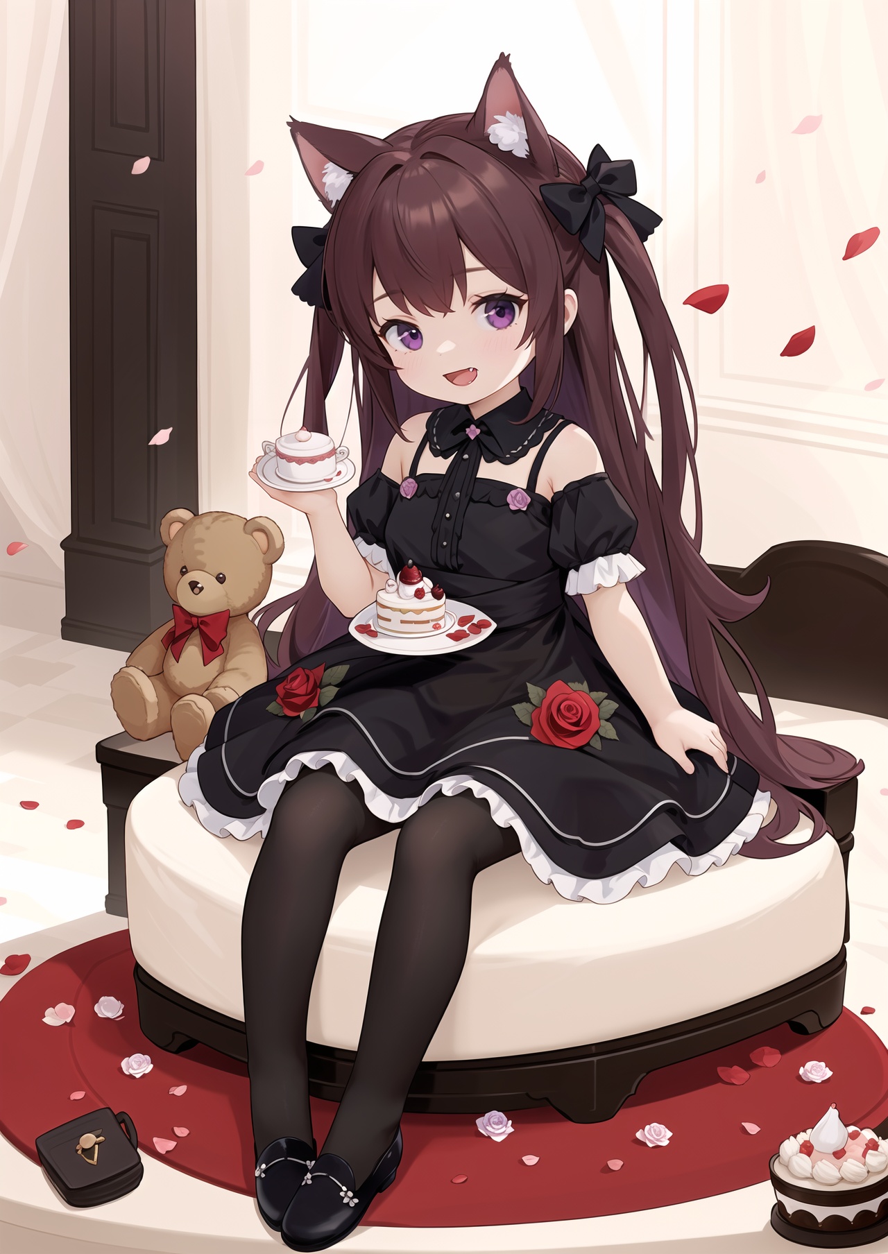 masterpiece,best quality,1girl,purple eyes,animal ears,solo,rose,shoes,black footwear,dress,flower,cup,food,smile,stuffed toy,cake,puffy sleeves,long hair,thighhighs,teacup,stuffed animal,red flower,red rose,short sleeves,brown hair,two side up,black dress,puffy short sleeves,petals,cake slice,:d,animal ear fluff,looking at viewer,no shoes,detached sleeves,frills,macaron,frilled dress,teddy bear,black thighhighs,very long hair,bow,tiered tray,plate,single shoe,minigirl,sitting,mini person,hair ornament,holding,cat ears,hair bow,table,fang,pantyhose,rose petals,full body,open mouth,