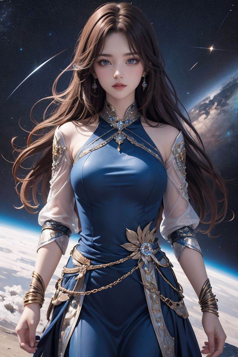upper body,1girl,brown hair,dress,jewelry,long hair,looking at viewer,solo,space,