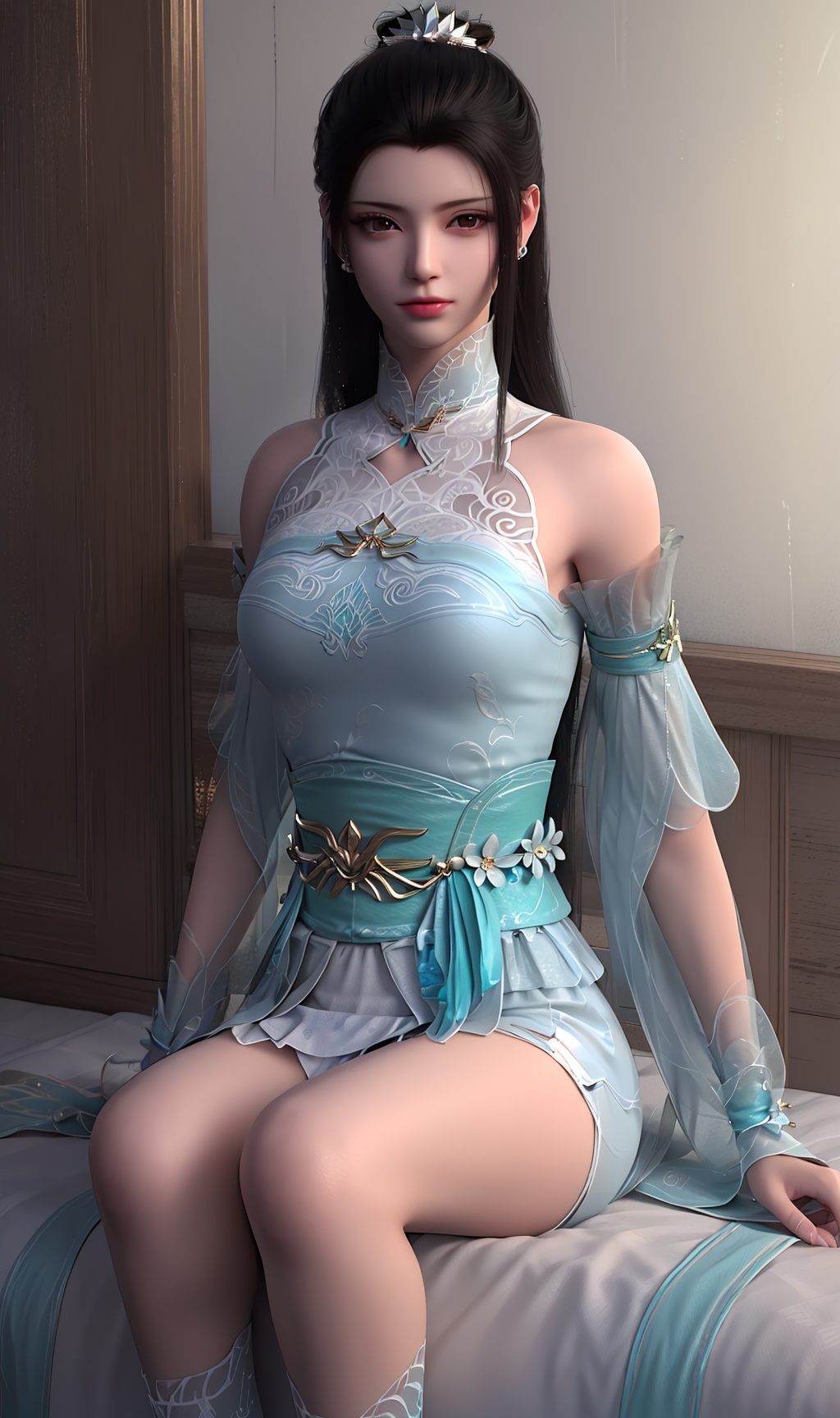 3D,masterpiece,(best quality),(makeup),official art, extremely detailed cg 8k wallpaper,((crystalstexture skin)), (extremely delicate and beautiful),(highly detailed),(face),(collar),(hair_bun),(1girl), (solo), (jewelry), (earrings),(black_hair),(long_hair),(hair_ornament),(handwear),(breasts),((sitting)),(bare_shoulders),(detached_sleeves),((upper_body,)),(dress),(skirt),(shiny_clothes),(city,indoor,bed),,(chinese_clothes),(multicolored_clothes),(multicolored_dress),(sash),(long_legs),,((looking_at_viewer)),((Facing the camera)),, <lora:hipoly3DModelLora_v10:0.3>