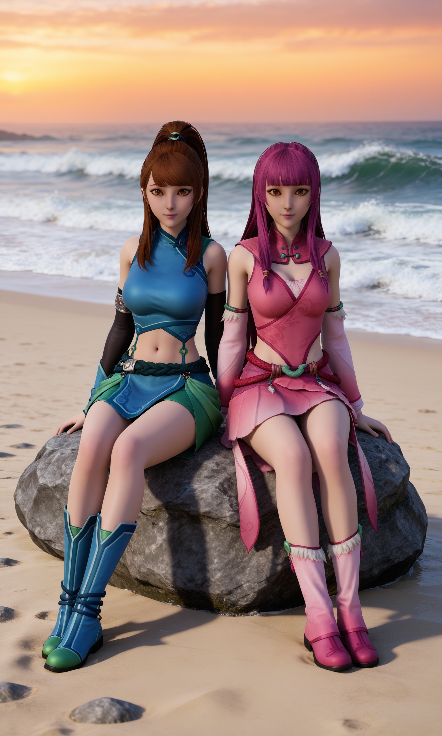 <lora:妖神记-叶紫芸+肖凝儿Pony:0.7>,2girls,brown hair,ponytail,brown eyes,hair ornament,bare shoulders,midriff,navel,green boots,long hair,brown eyes,breasts,green skirt,blue crop top,long hair,pink hair,blunt bangs,bangs,pink dress,pink boots,detached sleeves,sitting,rock,sunset,Seaside,beach,waves,full body,