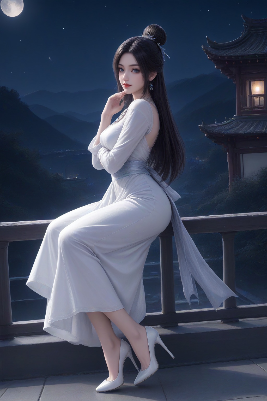 <lora:luxueqi_v1-000012:0.5>,luxueqi,1girl,solo,hair ornament,hair bun,facial mark,single hair bun,shiny,closed mouth,long hair,lips,lipstick,red lips,night sky,[moon],star \(sky\),chinese style architecture,lantern,white dress,earrings,black hair,jewelry,dress,hair ornament,sash,moon,railing,clothing cutout,long sleeves,masterpiece,highres,absurdres,best quality,8K,high-res detailed,looking at viewer,light smile,standing,(hands folded over the lower abdomen:1.2),full body,<lora:sh-glossy_r2:0.7>,white_pantyhose,high heels,louboutin heels,(white heels:1.2),footwear,<lora:Louboutin_Heels__PONY:0.5>,
