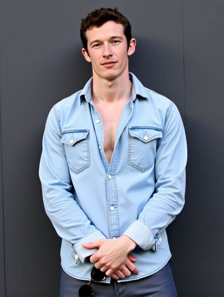 Callum Turner ,  stands confidently in front of a dark gray wall. He wears a light denim shirt. unbuttoned at the top. rev...