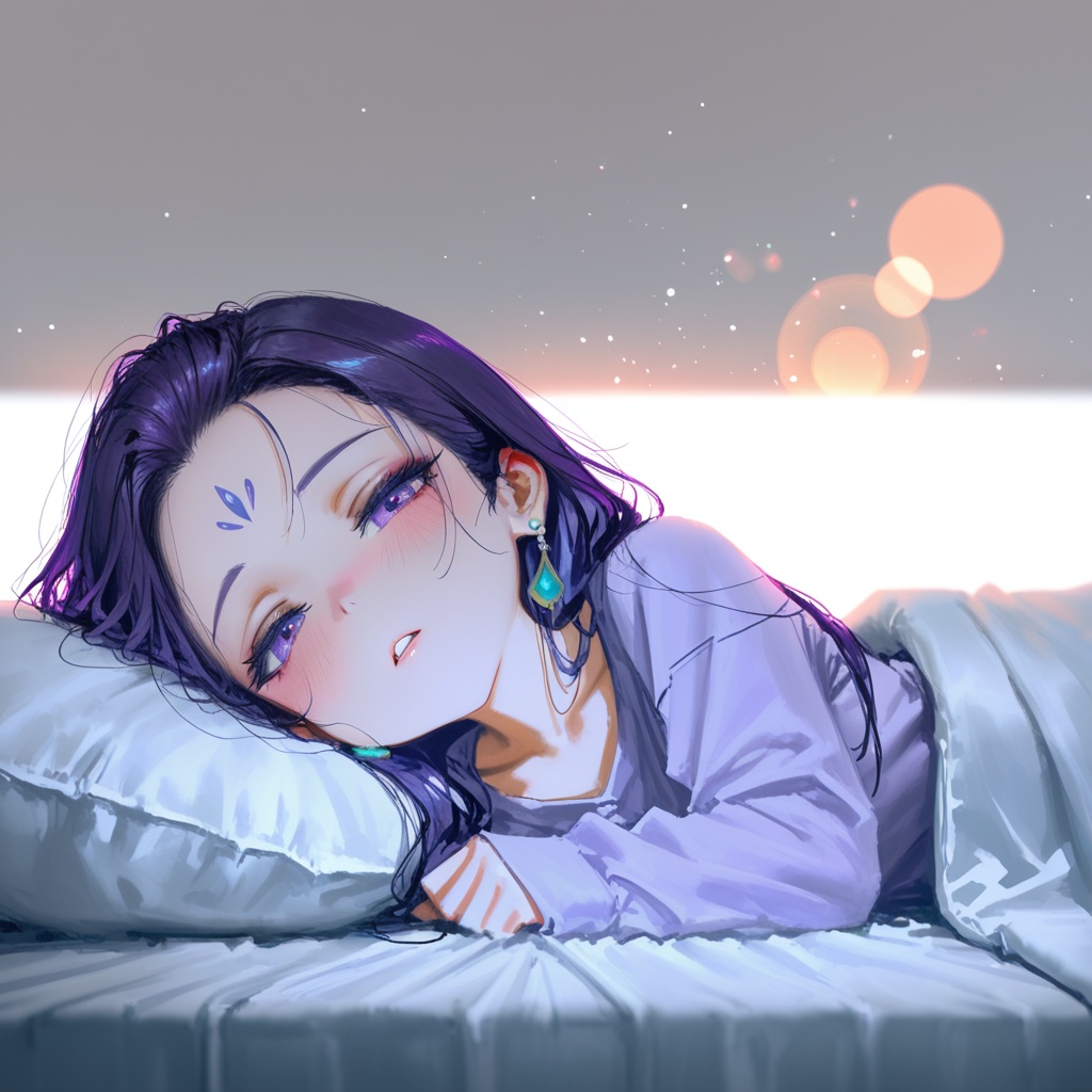 Detail enhancement,depth of field,cinematic lighting,light particles,lens flare,masterpiece,best quality,amazing quality,very aesthetic,absurdres,best quality,newest,(artist:quasarcake:0.8),extreme aesthetic,(wlop:0.9),masterpiece,best quality,good quality,newest,year 2024,year 2023,very aesthetic,absurdres,A shot with tension,impactful picture,official art,colorful,splash of color,movie perspective,<lora:合欢宗主:0.8>,simple background,white background,1girl,solo,purple hair,long hair,purple eyes,jewelry,looking at viewer,earrings,forehead,forehead mark,facial mark,(chibi:1.2),parted lips,pillow,under covers,blush,lying,looking at viewer,on side,bed sheet,tired,tiry,