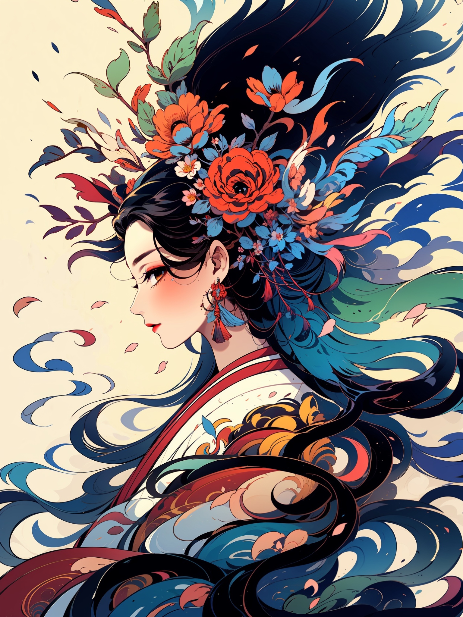 HTTP2, 1girl, flower, solo, jewelry, long hair, earrings, makeup, hair ornament, profile, black hair, hair flower, eyeshadow, leaf, white flower, red flower, from side, red lips, looking at viewer, black background, floating hair, tassel, upper body, hanfu, blue flower, brown eyes, red eyeshadow