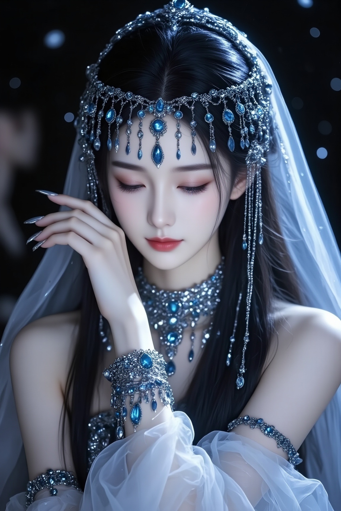 <lora:YY-拽姐F.1:1>,a young Asian woman with fair skin and long, straight black hair. She is adorned in an intricate, ethereal ensemble that exudes a mystical, almost otherworldly aura. Her attire consists of a sheer, white veil that drapes gracefully over her head and shoulders, complemented by a delicate, bejeweled headpiece that cascades down her forehead and temples, adorned with sparkling blue gemstones. She wears a matching blue and silver beaded choker and bracelet, adding to the opulent, fairy-like appearance. Her eyes are closed, with a serene expression, and her lips are painted a soft, muted pink.The background is dark and mysterious, with a hint of a blurred, ethereal figure, possibly another woman, adding to the dreamy ambiance. The lighting is soft and diffused, creating a halo effect around her, emphasizing her delicate features and the ethereal quality of the scene. The overall composition and styling suggest a fantasy or mythical theme, with a touch of elegance and mysticism.