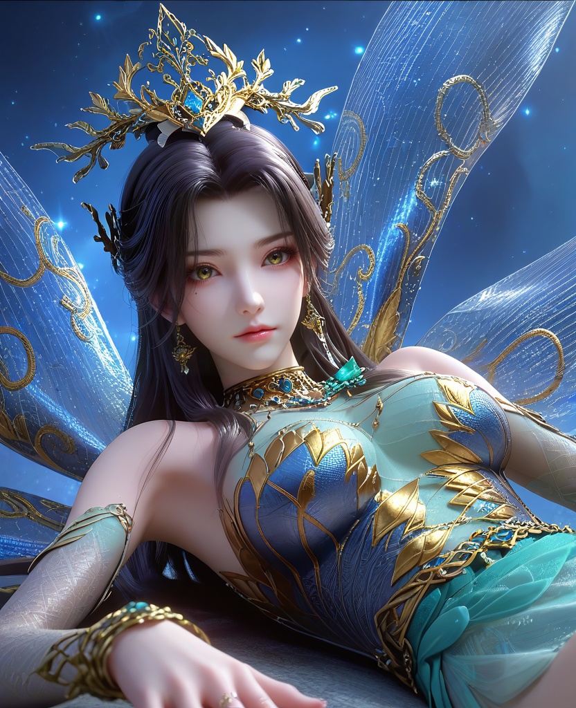 (laying down:1.1),(large breasts:1.2),<lora:XL16云深不知梦羲和罄水珠:0.95>,miss xihe,blue corset tiered gown,mole under left eye,black hair,traditional chinese updo with long front strands,absurdly long hair,hair ornament,jewelry,elbow gloves,fairy wings,bracelet,bare shoulders,sparkle,, score_9,score_8_up,score_7_up,score_6_up,score_5_up,score_4_up,3d rendering,tag1,tag2, Cinematic Lighting,backlighting,