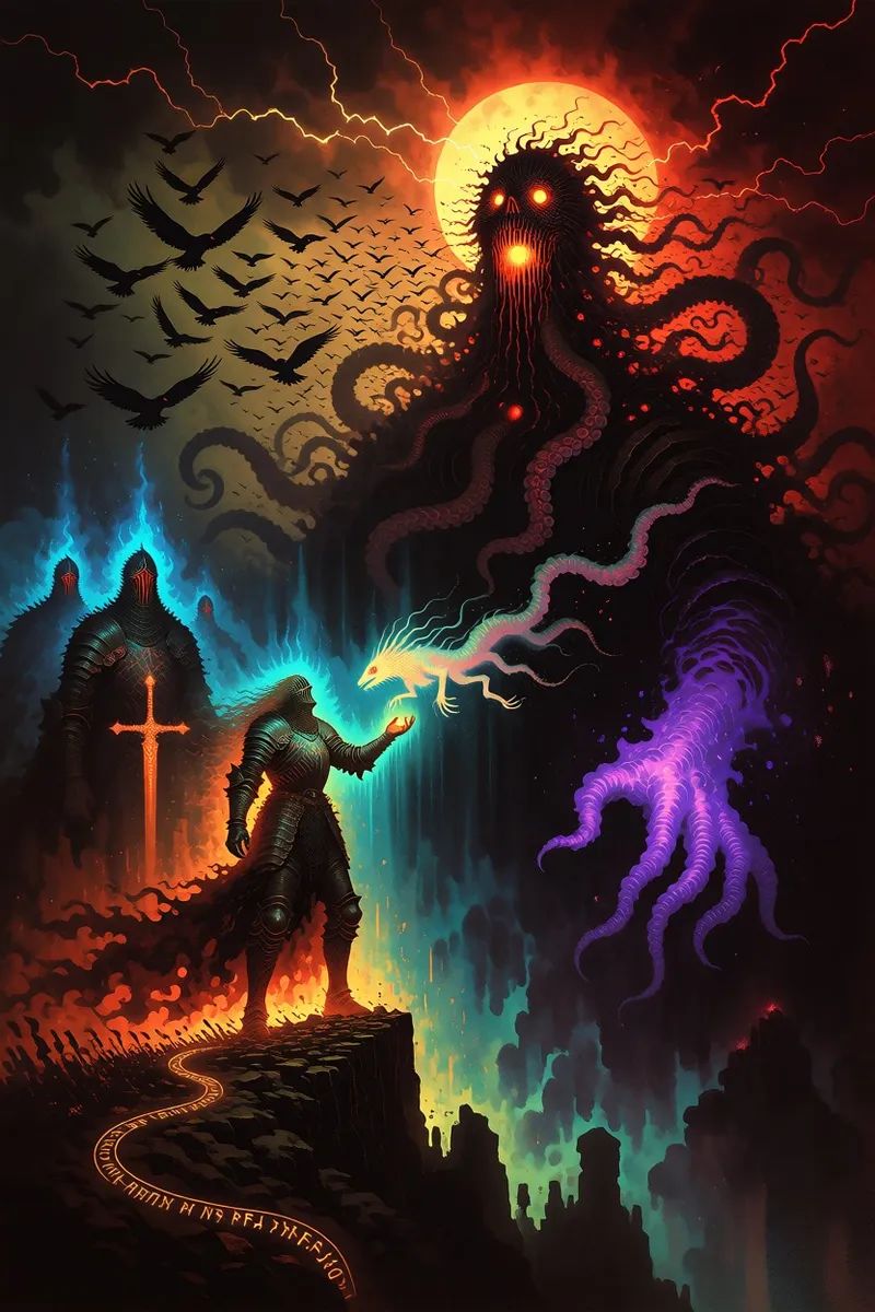 An epic,  disturbing and visceral dark fantasy ritual scene depicting a cosmic sacrifice.In the left foreground,  a battle...