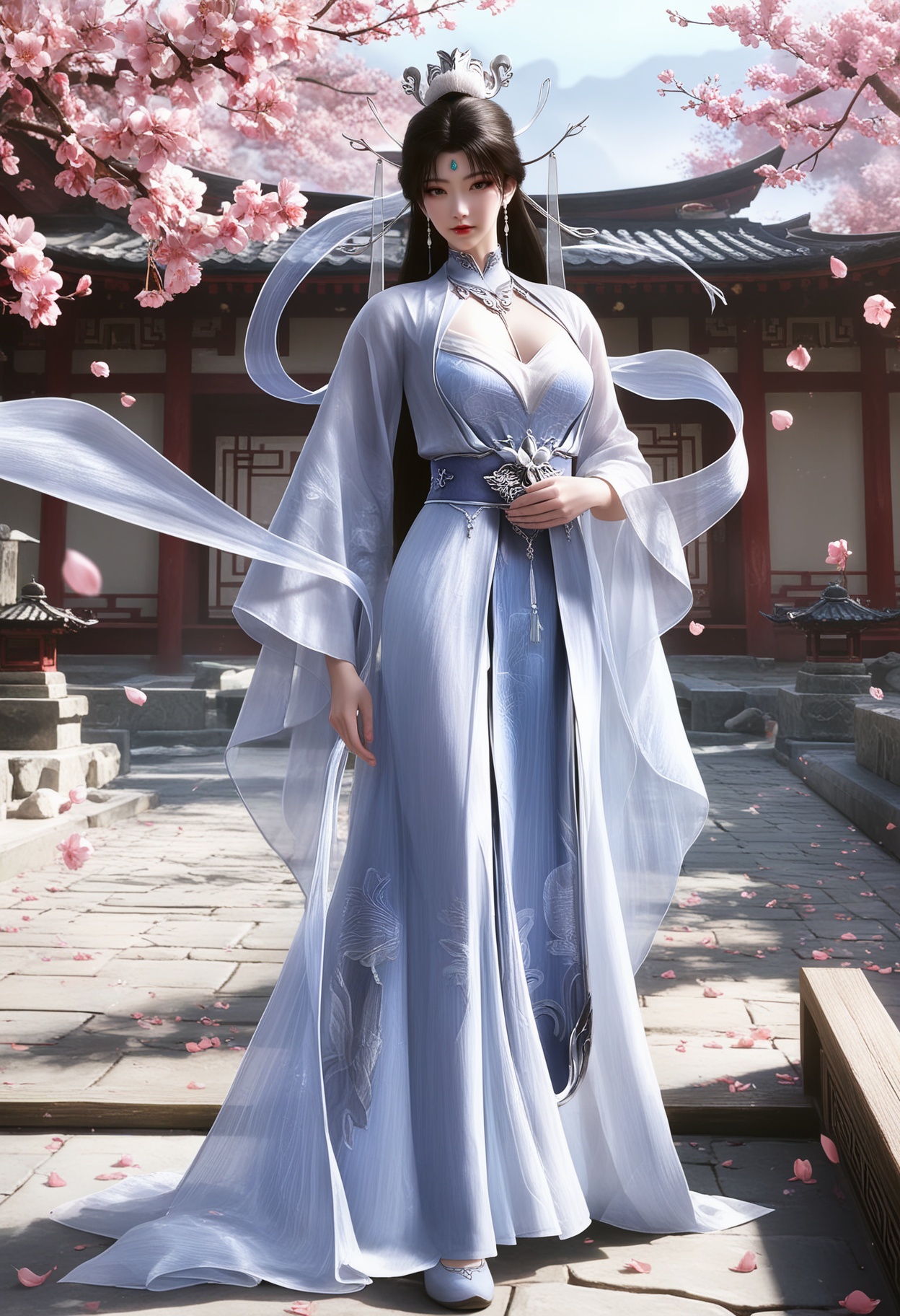 masterpiece,best quality,amazing quality,very aesthetic,high resolution,ultra-detailed,absurdres,scenery,photorealistic,(looking at viewer:1.1),(moody lighting:1.1),peach blossom,falling petals,(large breasts:0.8),chuyue,1girl,solo,black eyes,black hair,long hair,earrings,jewelry,dress,white dress,hair ornament,chinese clothes,forehead mark,hair bun,expressionless,closed mouth,long sleeves,shawl,bare legs,shoes BREAK photorealistic details,<lora:QQSillchuyueV1:0.8>,