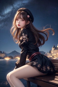 1girl,lolita,full body,dress,beret,beautiful detailed glow,sit_on_bench,(mary_janes),from_side,looking_away,white_pantyhose,detailed ice,beautiful detailed water,(floating palaces:1.2),(starry tornado:1.4),starry Nebula,beautiful detailed sky,lace,fine_fabric_emphasis,shiny long hair,blue white skirt,(short skirt),black Headdress,bowknot,(hair ornament),(hair flower),Lace,cross-laced footwear,ribbon-trimmed sleeves,building architecture,(gothic architecture),starry sky,outdoors,(castle),