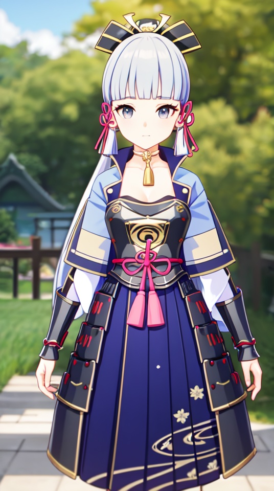 masterpiece,best quality,<lora:ayaka:0.7>,kamisato ayaka,1girl,solo,ponytail,long hair,hair ornament,hair ribbon,blunt bangs,sidelocks,grey eyes,standing,armor,japanese clothes,breastplate,choker,armored dress,