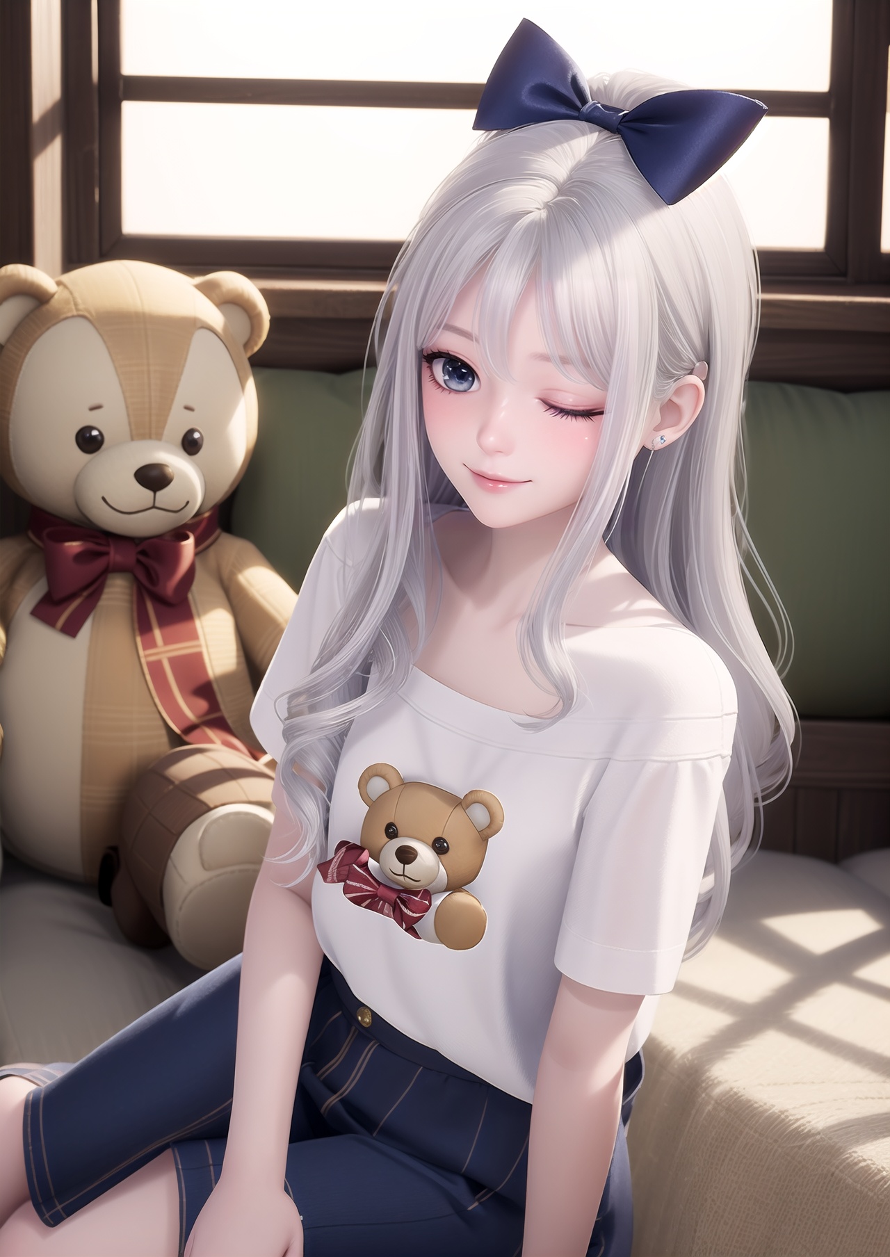 masterpiece,best quality,1girl,long hair,stuffed toy,stuffed animal,solo,one eye closed,blue eyes,bow,sitting,shirt,hair bow,blush,looking at viewer,pink bow,smile,white hair,t-shirt,ribbon,white shirt,short sleeves,teddy bear,off shoulder,wariza,collarbone,indoors,closed mouth,grey hair,