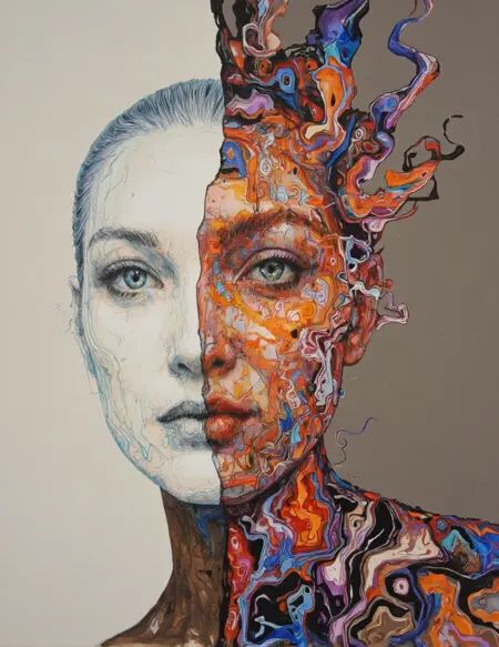 Mategake art style. A surreal,  split-face portrait featuring a human head divided vertically into two distinct halves aga...