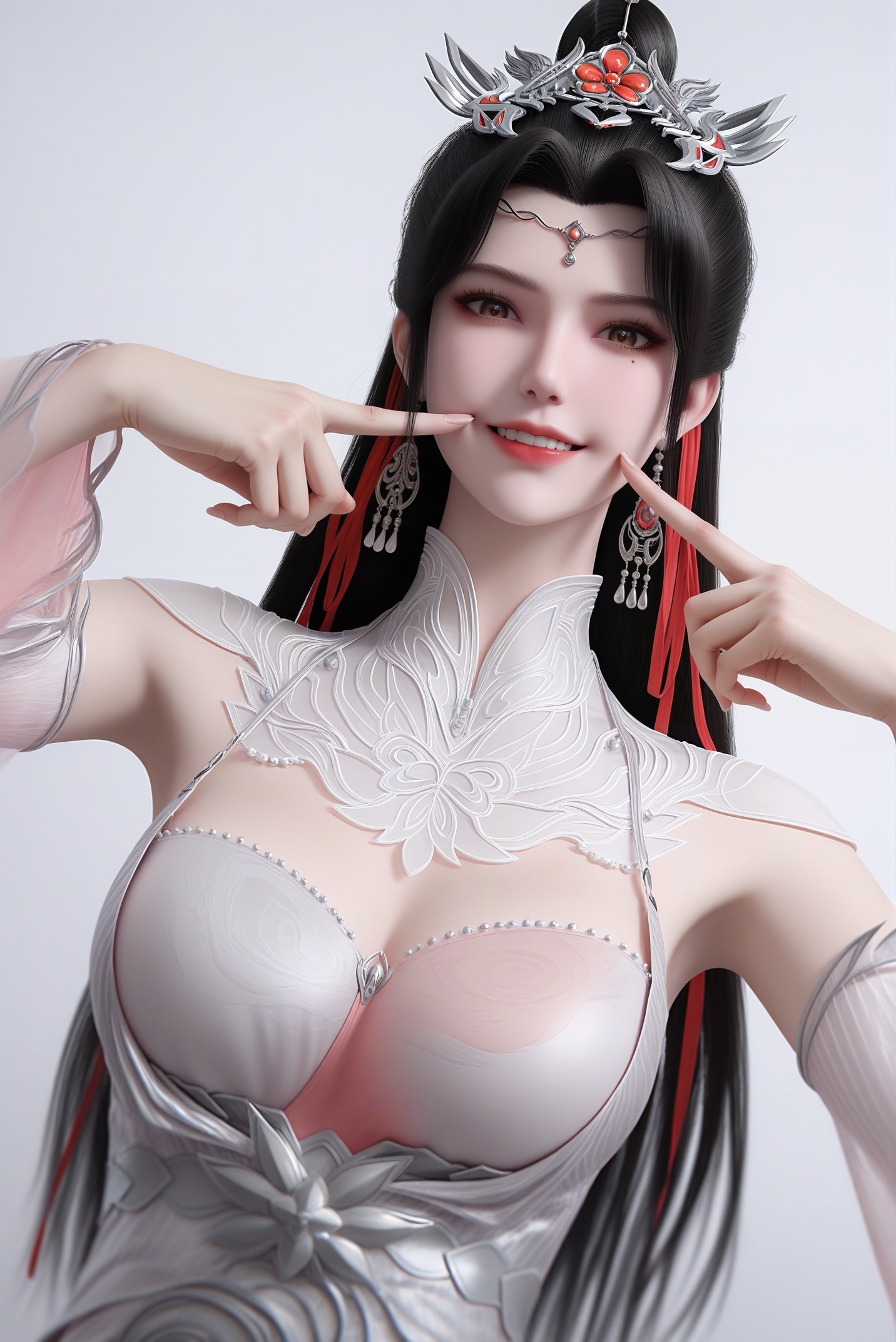 masterpiece,best quality,absurdres,highres,mature female,glamor,(slender:1.1),solo,<lora:柳眉-ill-000009:0.83>,liumei,long hair,black hair,hair ribbon,dangling earrings,crown-like hair ornament,hair ornament,forehead decoration,single hair bun,mole under eye,grey yes,brown_pupils,light blush,BREAKcollarbone,sheer overlay,mandarin collar,jewelry,halter dress,detached sleeves,two-tone bustier,looking at viewer,(front view),(fingersmile:1.1),upper body,BREAK(white_skin:1.1),(fair_skin:1.1),realistic,simple background,white background,