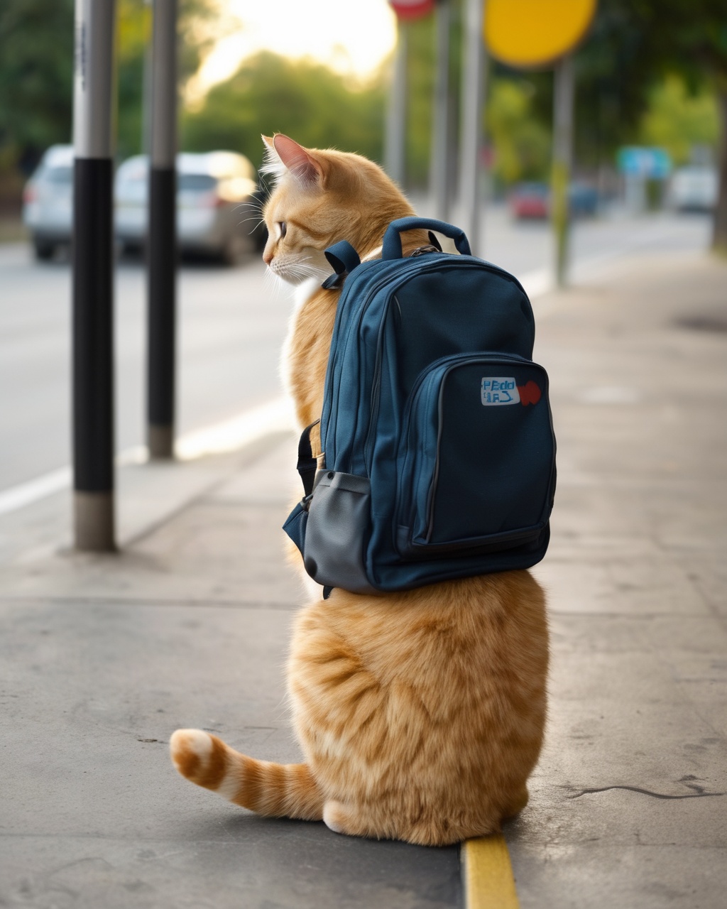 a cat missed the bus now he is sad with his backpack at the bus stop on Tensor.Art