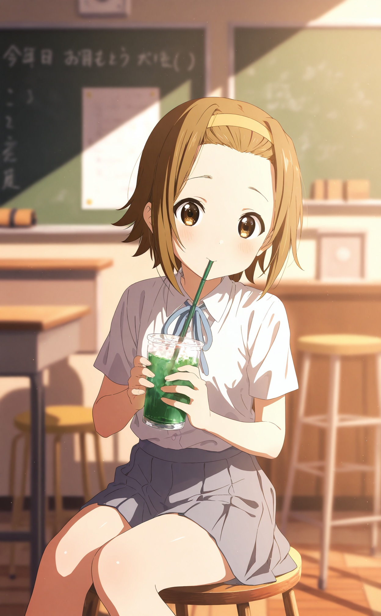 masterpiece,very aware,highres,absurdres,newest,best quality,loli,petite,high quality,//,tainaka ritsu,1girl,solo,hairband,shirt,brown hair,white shirt,skirt,short sleeves,drinking straw,short hair,school uniform,sakuragaoka high school uniform,sitting,drinking,pleated skirt,holding,brown eyes,chalkboard,looking at viewer,summer uniform,ribbon,happy birthday,blue ribbon,dress shirt,yellow hairband,grey skirt,blush,drumsticks,neck ribbon,forehead,collared shirt,drink,stool,character name,indoors,miniskirt,//,official art,depth of field,detailed light,blurry background,best shadow,shiny skin,cinematic lighting,ray tracing,amazing quality,very aesthetic,absurdres,beast quality,ultra detailed,newest,8K,HDR,//,<lora:BA2——【Illustrious】hans:0.4>,<lora:chahua——【noob】hans:0.6>,