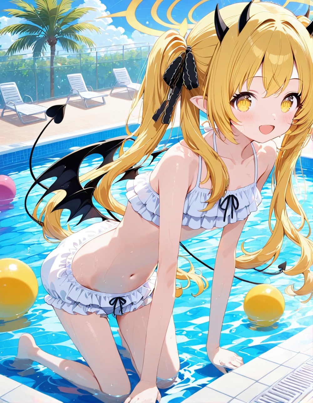 O,ultra detailed anime texture,1girl,pool,blonde hair,solo,yellow eyes,horns,wings,tail,twintails,outdoors,looking at viewer,swimsuit,halo,bikini,long hair,smile,demon wings,demon tail,barefoot,white bikini,water,demon girl,open mouth,day,:d,frills,ball,tree,bare shoulders,bare arms,demon horns,wet,ribbon,bloomers,pointy ears,palm tree,bangs,underwear,frilled bikini,poolside,hair ribbon,black ribbon,****,beachball,blush,