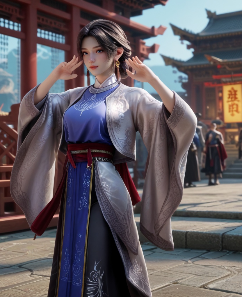 (oriental architecture, elegant decor, sophisticated style:1.1),(bunny pose:1.1),(breasts:1.2),<lora:XL16牧神记锦娘:0.95>,miss jinniang,blue shirt,white  jacket,blue eyes,black hair,single hair bun,earrings,red maxiskirt,wide sleeves,black footwear,, score_9,score_8_up,score_7_up,score_6_up,score_5_up,score_4_up,3d rendering,tag1,tag2, Cinematic Lighting,backlighting,