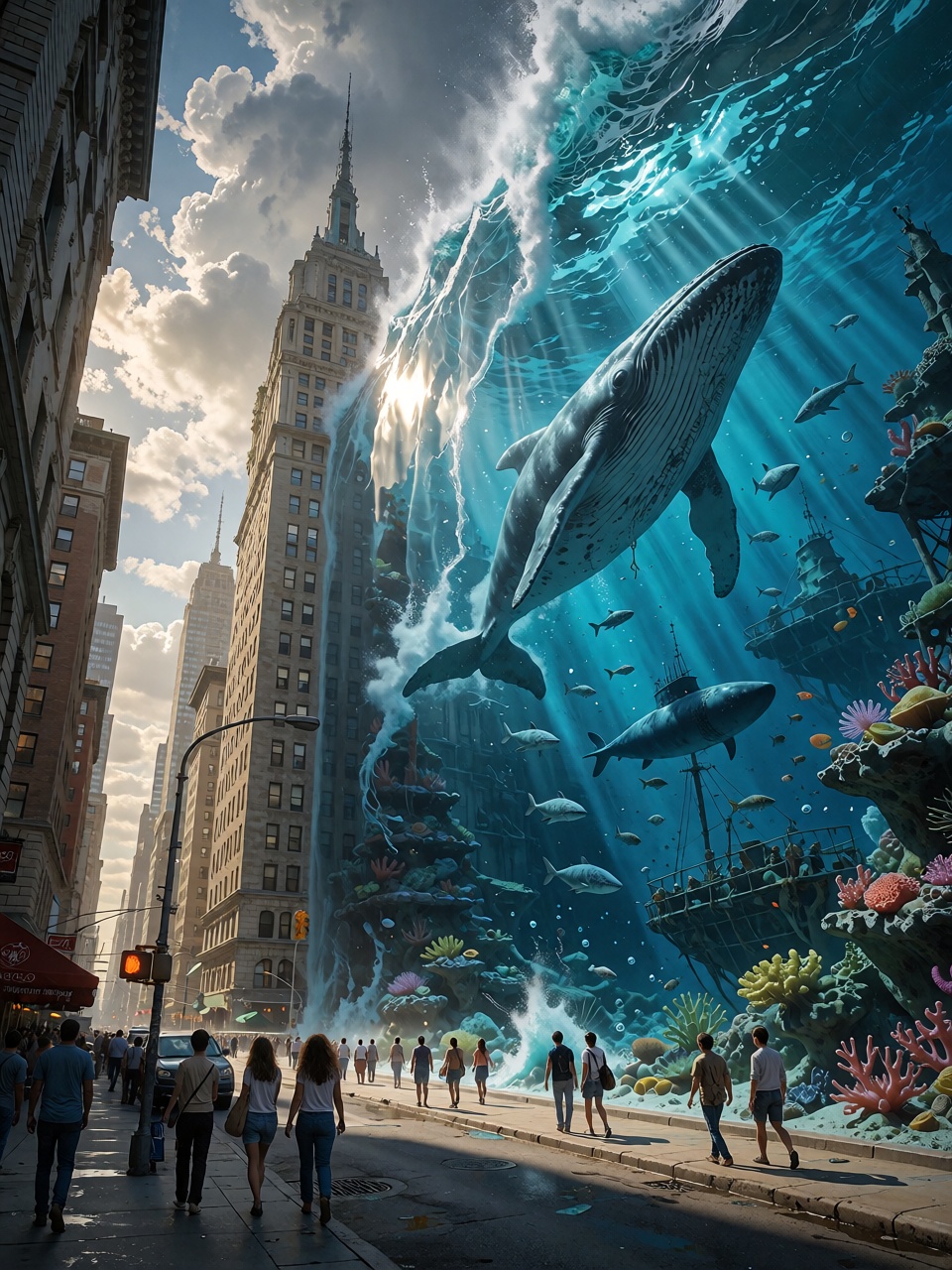 A gigantic ocean stands vertically in the middle of a city like a perfectly upright transparent wall several kilometers hi...