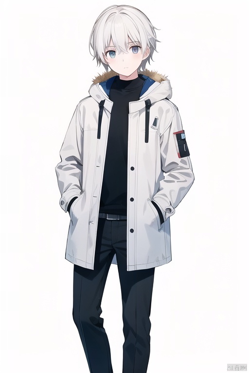 solo,  looking at viewer,  simple background,  brown hair,  1boy,  white background,  standing,  male focus,  pants,  white hair,  coat,  black pants,  hands in pockets,  masterpiece,  (masterpiece)