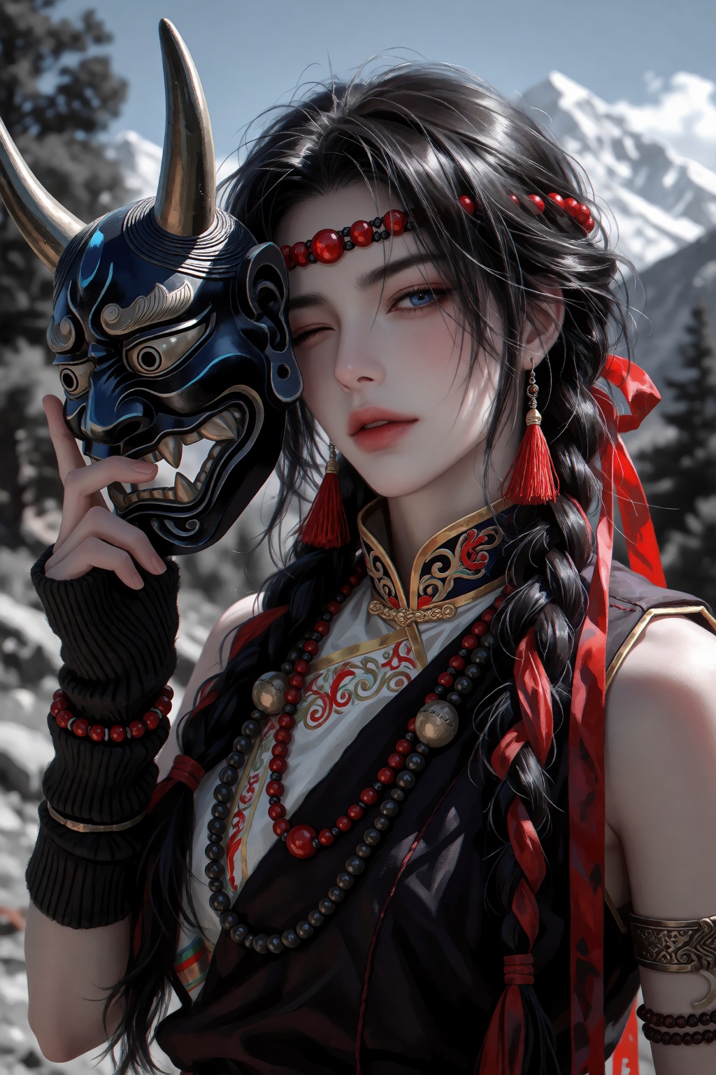 A doll faced woman with long,  dark messy hair and sidelocks that frame her face holds a carved black and blue horned Chin...
