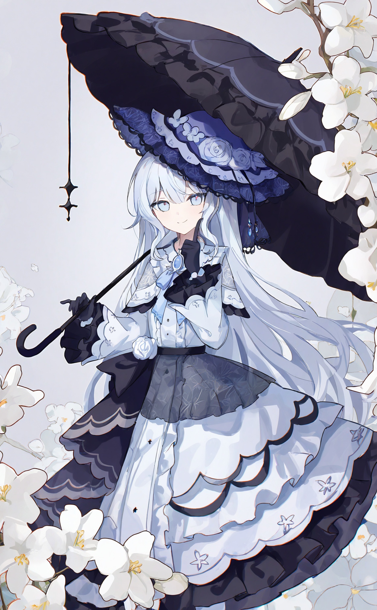 masterpiece,highres,absurdres,newest,best quality,loli,petite,high quality,chromatic_aberration,//,1girl,absurdres,ao_li_ao_wuya,black_gloves,black_umbrella,blue_eyes,blue_hat,closed_mouth,commentary,dress,feet_out_of_frame,floral_background,flower,frilled_dress,frilled_sleeves,frills,gloves,grey_background,hand_up,hat,highres,holding,holding_umbrella,index_finger_raised,lolita_fashion,long_hair,long_sleeves,looking_at_viewer,magical_girl,mahou_shoujo_no_majo_saiban,parasol,smile,solo,spoilers,standing,symbol-only_commentary,tsukishiro_yuki,umbrella,white_dress,white_flower,white_hair//,//,<lora:tsukishiro_yuki2——【noob】hans:1>,
