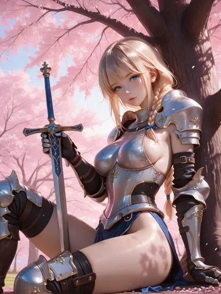 HDR, 8K, high contrast, masterpiece, best quality, amazing quality, realistic, very aesthetic, high resolution, ultra-detailed, absurdres, smooth skin, detailed hair,1girl, solo, (full armor, boots, gauntlets, shoulder armor), no helmet, pelvic curtain, long blonde hair, blue eyes, single braid, planted sword,illuminated refraction, Yoshino cherry blossoms, boob focus, sexy pose, sitting under a tree, outdoors, available light, day light, film grain, pastel colors, duch angle, dynamic pose,