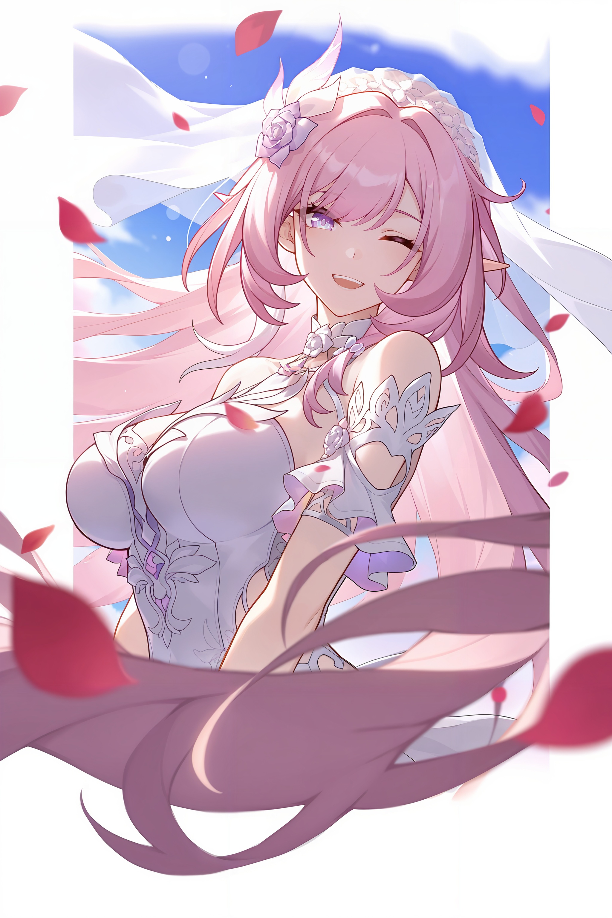 <lora:大昔涟:0.8>,xilian,1girl,long hair,pink hair,hair ornament,pointy ears,pink eyes,very long hair,elf,purple eyes,elysia \(honkai impact\),xilian,1girl,pink hair,solo,long hair,veil,breasts,smile,one eye closed,white dress,open mouth,dress,looking at viewer,petals,teeth,purple eyes,pointy ears,sky,blue sky,upper body,bridal veil,wedding dress,large breasts,pink eyes,depth of field,masterpiece,best quality,very aesthetic,alternate costume,alternate costume,2024,2023,perfect composition,ultra-detailed,extreme aesthetic,masterpiece,best quality,good quality,newest,year 2024,year 2023,very aesthetic,absurdres,looking_at_viewer,colorful,<lora:立绘构图ILL:0.3>,lihui,wind,pink wind,(dynamic_angle:1.1),(dutch angle:1.1),close-up,