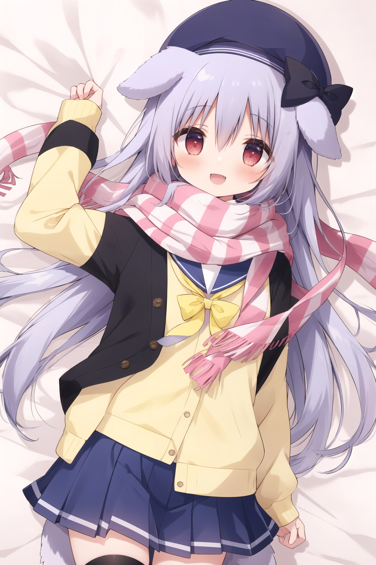 1girl,dog ears,solo,animal ears,white headwear,scarf,skirt,long hair,striped,bow,hair between eyes,red eyes,very long hair,striped scarf,pleated skirt,bangs,smile,hat,:d,long sleeves,open mouth,bed sheet,dog girl,black bow,lying,on back,beret,sleeves past wrists,purple skirt,sailor collar,dog tail,looking at viewer,cardigan,school uniform,thighhighs,hair bow,striped bow,blue bow,serafuku,fang,yellow jacket,dakimakura (medium),shirt,purple bow,