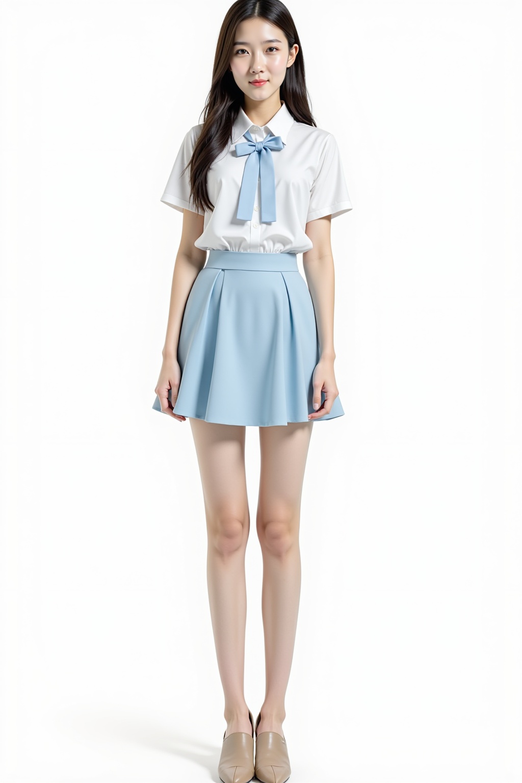 A young woman stands. She wears a white short-sleeved collared shirt paired with a light blue tie that has a bow at the co...