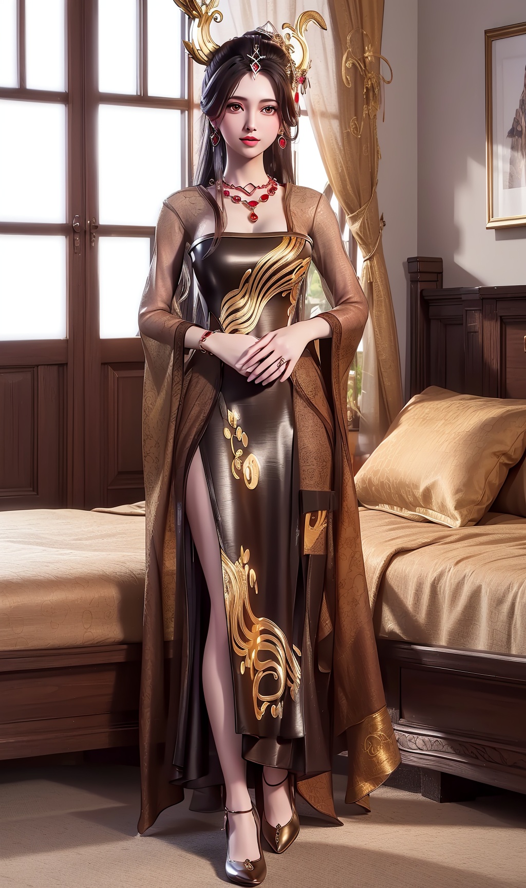 masterpiece,(best quality),official art, extremely detailed cg 8k wallpaper,((crystalstexture skin)), (extremely delicate and beautiful),highly detailed,1girl,solo,long hair,headwear,(standing),( hair),,(long dress:0.955),(clothes:0.999),(dress:0.987),(chinese_clothes:0.897),(long_skirts:0.987),face,lips,(closed mouth),(full body),(medium breasts),((hair_ornament)),jewelry,earrings,(shoes),(sunshine, indoor,bed),((looking_at_viewer)),((Facing the camera)),, <lora:hipoly3DModelLora_v10:0.3>