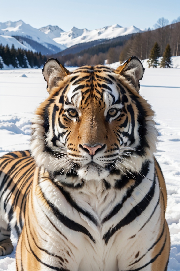 Animal Photography, a majestic tiger, draped in a coat of snow-kissed fur, gazes intently forward. snowflakes gently fall around it, capturing the serene beauty of a winter's day. the tiger's eyes, a deep amber, exude a sense of calm and confidence, while the frosty whiskers and the snow-covered muzzle add to its wintry charm., masterpiece,best quality,very aesthetic,absurdres,