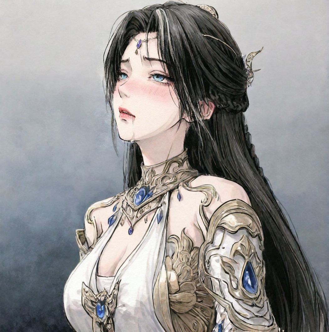 ((very awa)),solo,highly detailed,(best quality),((masterpiece)),1girl,chi,<lora:chi正则100nbXL:0.7>,painting \(medium\),watercolor \(medium\),ge,<lora:鸽正则nbXL:0.3>,<lora:魔女完美nbXL:0.7>,monv,long hair,black hair,dress,hair ornament,white dress,upper body,blue eyes,detached sleeves,drooling,rolling_eyes,blush,drooling,