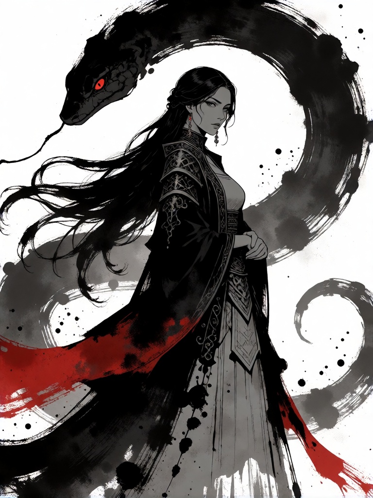 traditional Japanese sumi-e ink portrait of a powerful female queen,  flowing long dark hair,  ornate elegant clothing on...