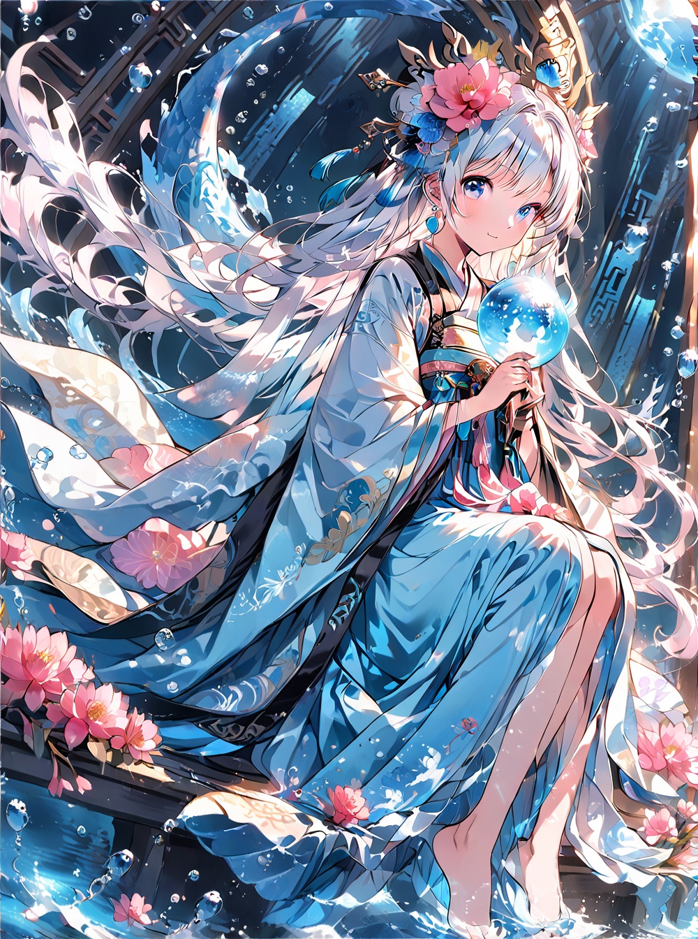 Hanfu,O,1girl,long hair,barefoot,solo,flower,hair ornament,looking at viewer,sitting,white hair,holding fan,hand fan,long sleeves,holding,wide sleeves,floating hair,pink flower,bangs,full body,underwater,sash,hair flower,jewelry,fish,hanfu,dress,japanese clothes,halo,water,petals,smile,very long hair,kimono,bubble,tassel,air bubble,chinese clothes,closed mouth,white dress,blush,