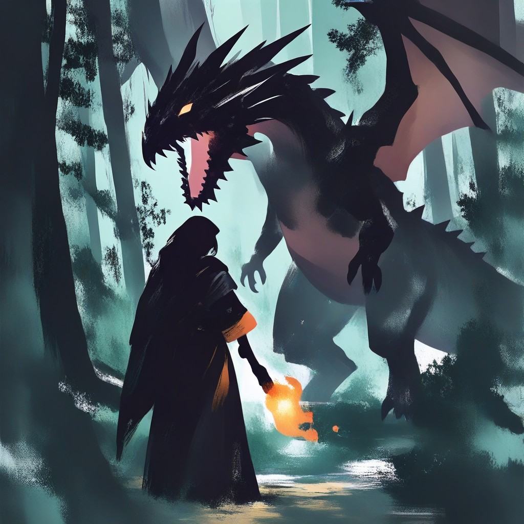 best quality,  masterpiece,  a woman holding a torch confronting a dragon in a dark forest on Tensor.Art