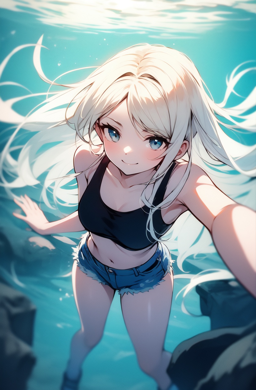 ultra highres,masterpiece,best quality,1girl,solo,blue eyes,white hair,long hair,looking at viewer,**** top,floating hair,underwater,smile,goggles on head,pov,short shorts,