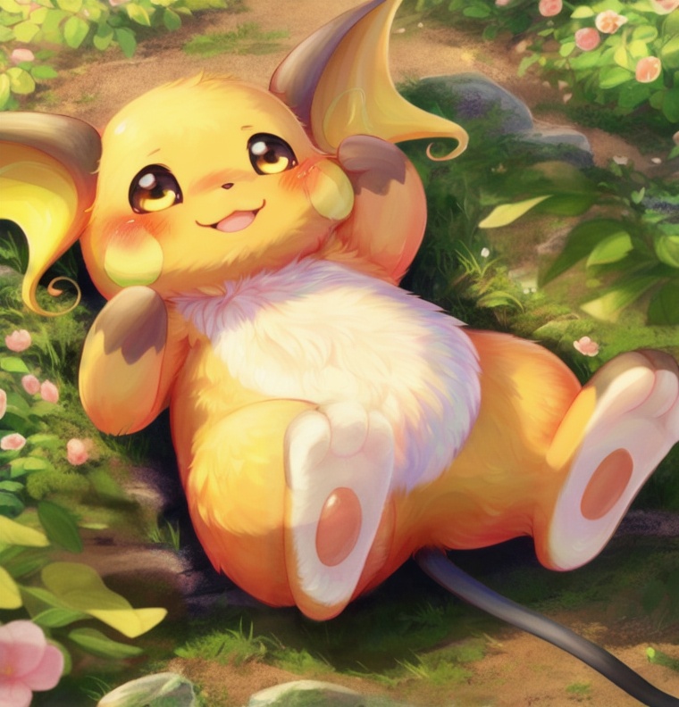Masterpiece,high quality,raichu,beautiful landscape,solo,no human,happy,pokemon \(creature\) ,flower,on back,blush,full body, fine hair,a tail,(delicate fur:1.2),(many hair:1.2),3 toes,