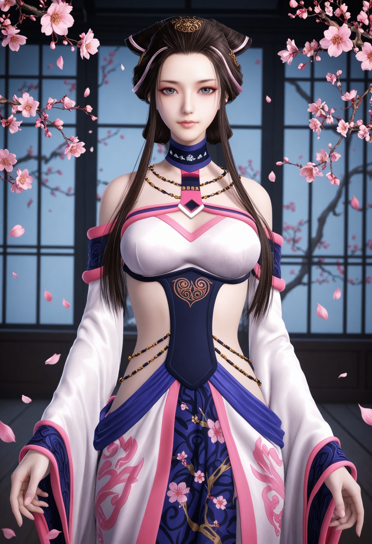 (cowboy shot:1.1),(looking at viewer:1.1),masterpiece,(best quality),smog,Dark room,dim lighting,peach blossom,falling petals,<lora:YQ_Illustrious光辉v5_湘夫人_V1:0.8>,q1528437228,1girl,solo,long hair,black hair,jewelry,bare shoulders,necklace,hair ornament,brown hair,dress,sidelocks,wide sleeves,long sleeves,choker,hair bun,brown eyes,detached sleeves,grey eyes,blue eyes,