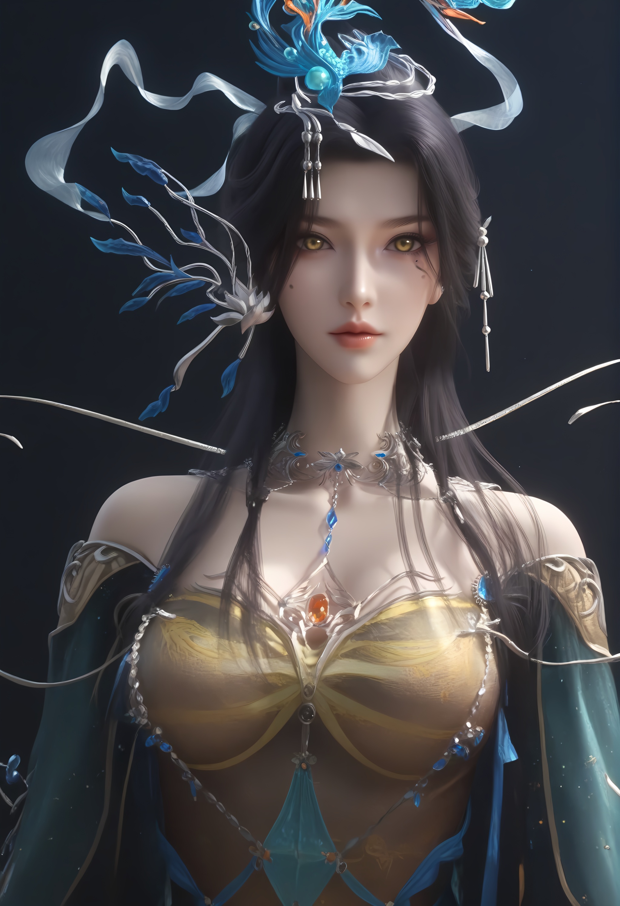 (score_9),<lora:云望舒-apony-000009:0.83>,yunwangshu,1girl,solo,yellow eyes,long hair,hair ornament,black hair,jewelry,updo,hair bun,mole under eye,metal collar,chest jewel,detached sleeves,dress,<lora:Expressive_H-000001:0.8>,light blush,front view,looking at viewer,mature female,collarbone,pointy breasts,puffy breasts,cleavage,see-through cleavage,<lora:e肤色滑块:0.35>,fair_skin,(pale_skin),(white_skin),light skin,ultra-detailed skin texture,detailed textures,BREAKsimple background,black background,