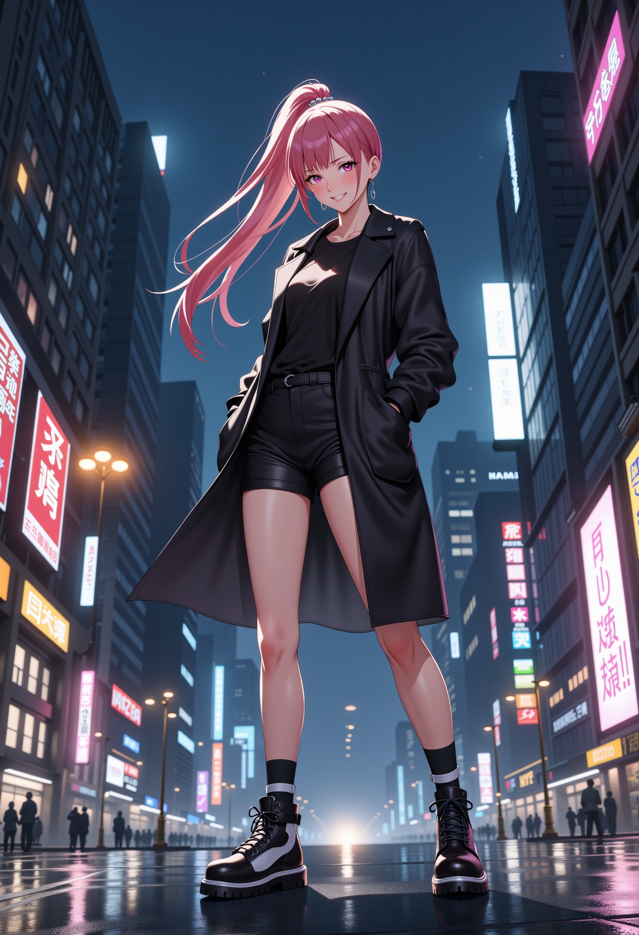 This is a digital drawing in an anime art style depicting a young woman standing in a futuristic cityscape. The scene is s...