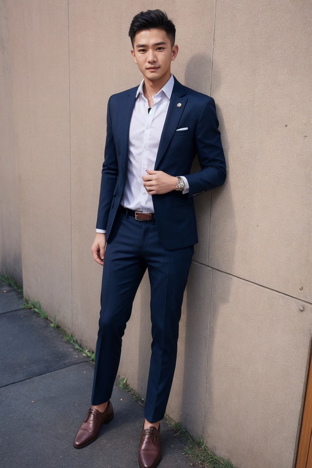 (1man:1.4),(male:1.2),(full body:1.2),(Collared shirt and blazer and suit trousers:1.4),<lora:AsianMan_5:0.8>,